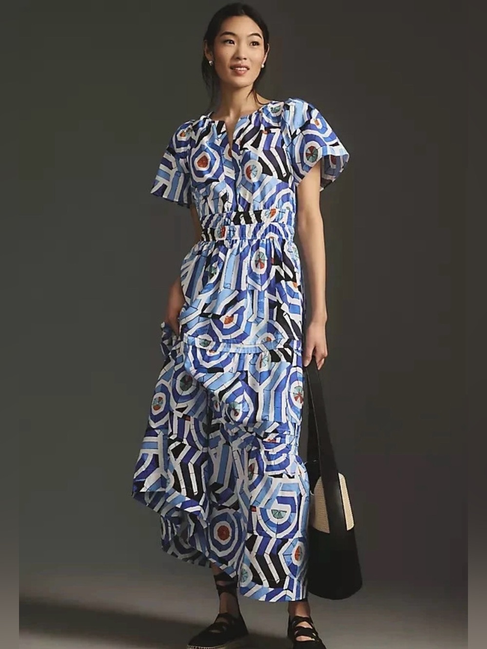 Anthropologie Somerset Maxi Dress NWT Size XS Blue Geometric Tiered